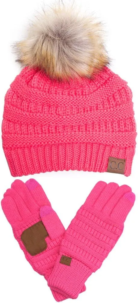 2pc Winter Warm Soft Stretch Cable Knit Faux Fur Pom Pom Beanie with Matching Gloves Set