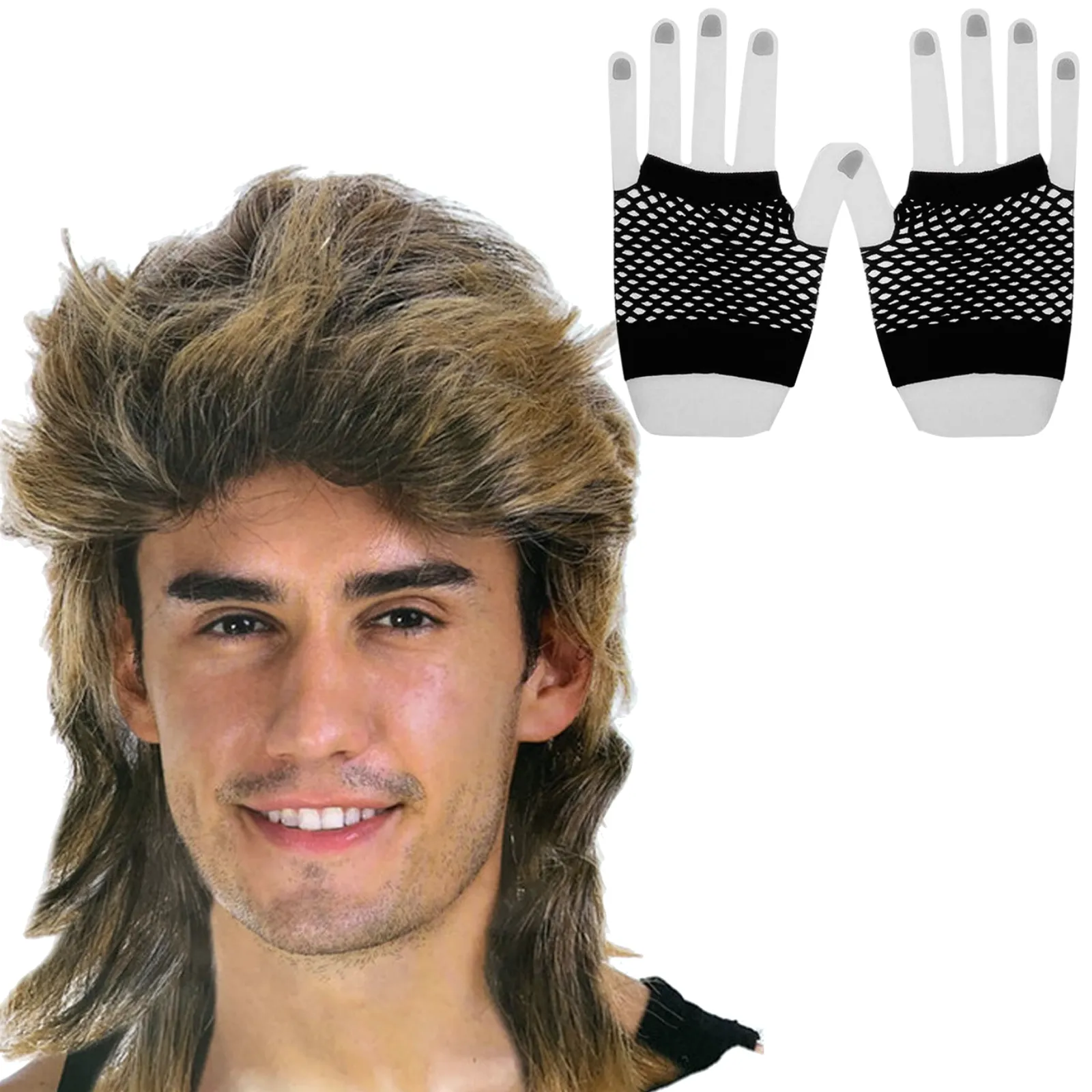 2Pcs Set Golden Blonde Bullet Wig   Fishnet Gloves 70s 80s Womens Costume Party - Black