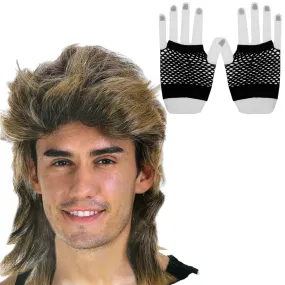 2Pcs Set Golden Blonde Bullet Wig   Fishnet Gloves 70s 80s Womens Costume Party - Black