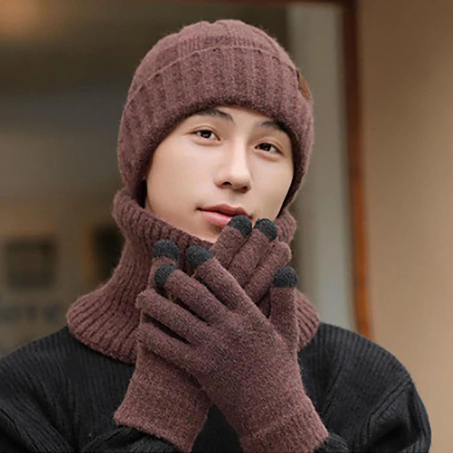 3 Pcs Hat Scarf Gloves Set for Women and Men Winter Soft Knit Christmas Hat and Neck Warmer Gloves Set