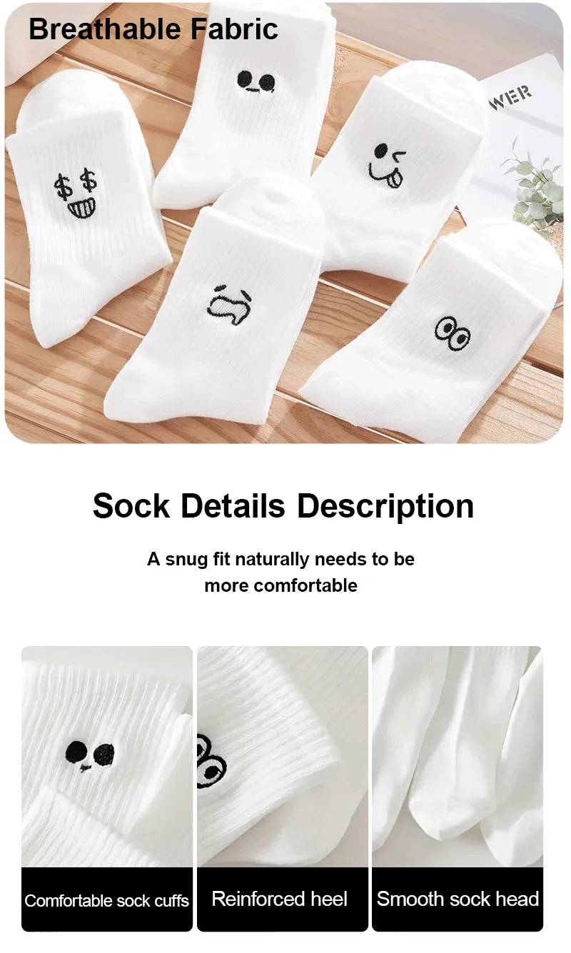 5/10 Pairs Women Cartoon Socks Round Mid Tube Fashionable Cute Expression Pattern Socks Casual Breathable Autumn Girls Socks
