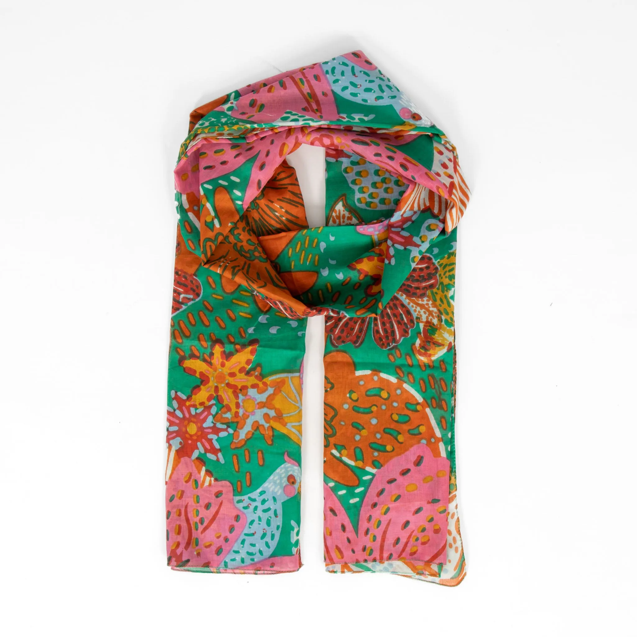Amara Lightweight Cotton Scarf - Green, Floral Jungle Print