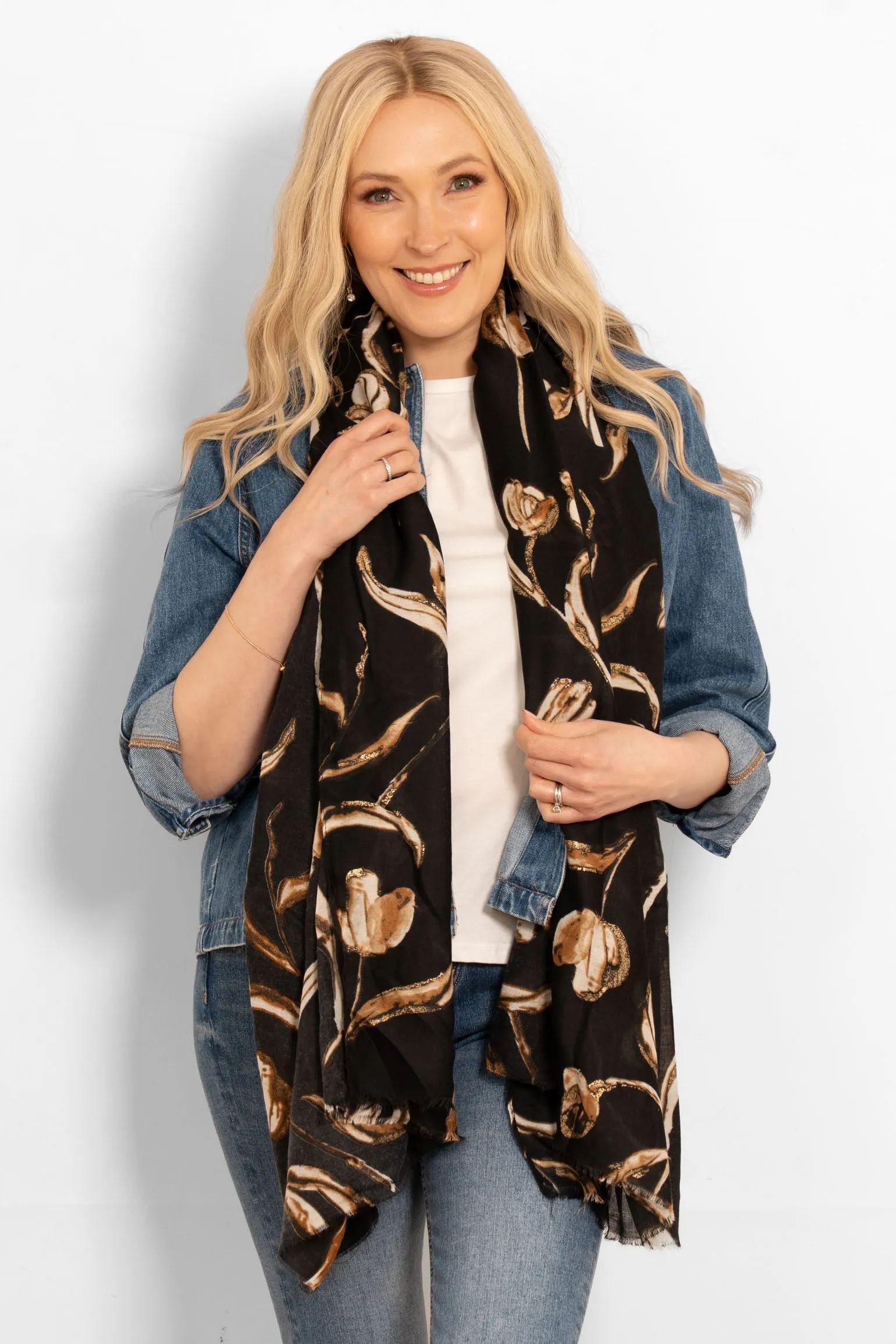 Ashley Lightweight Scarf - Black, Large Floral