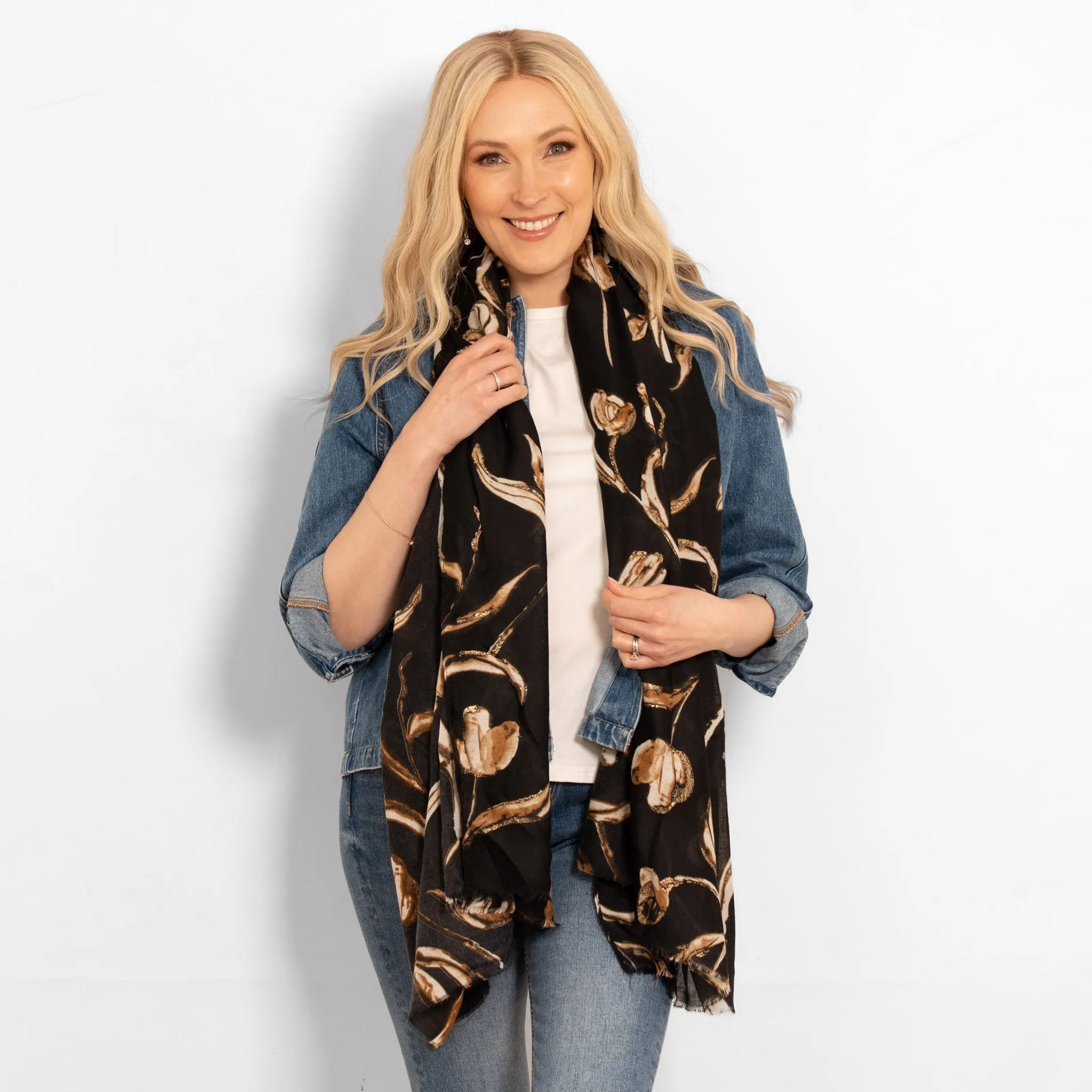 Ashley Lightweight Scarf - Black, Large Floral