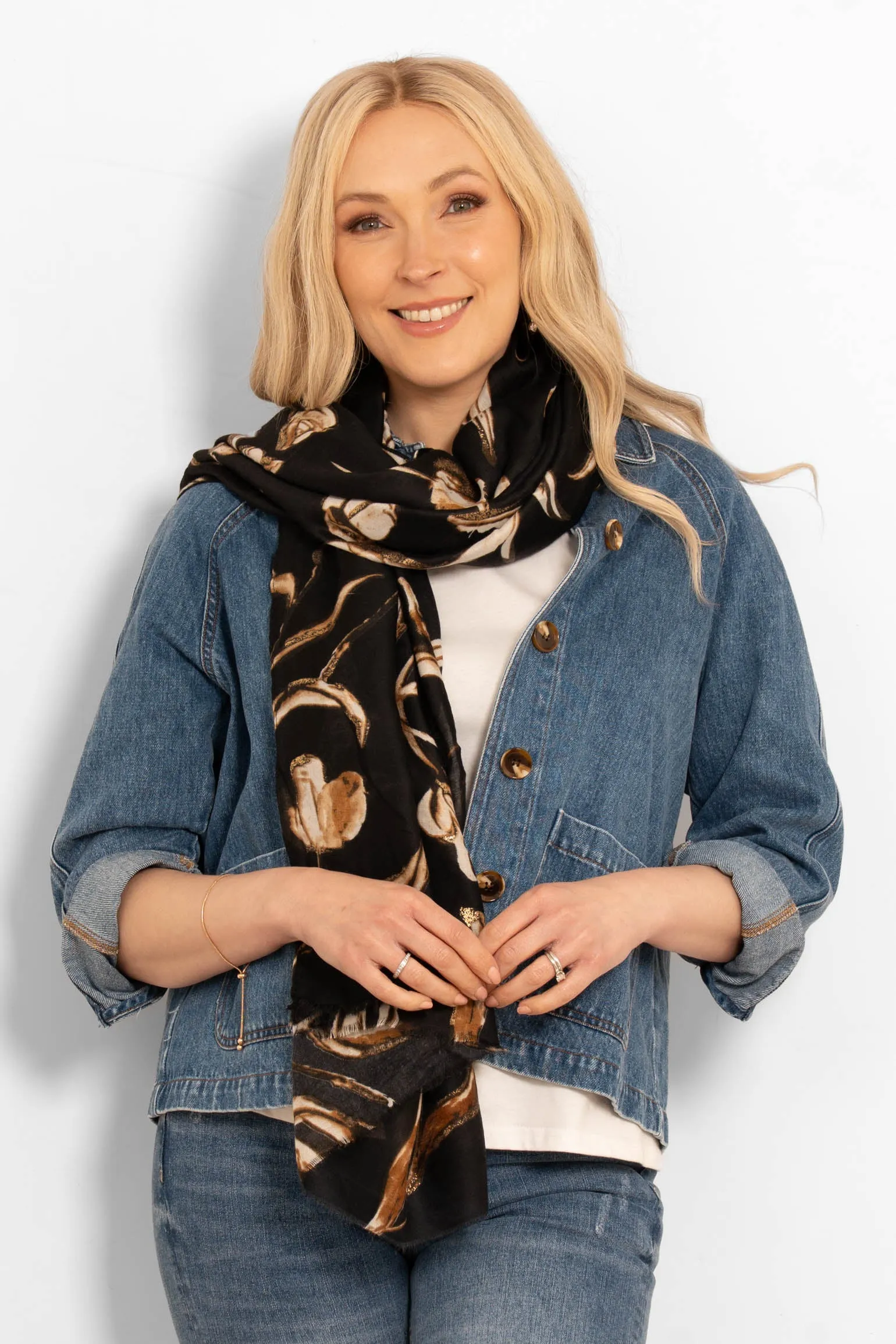 Ashley Lightweight Scarf - Black, Large Floral