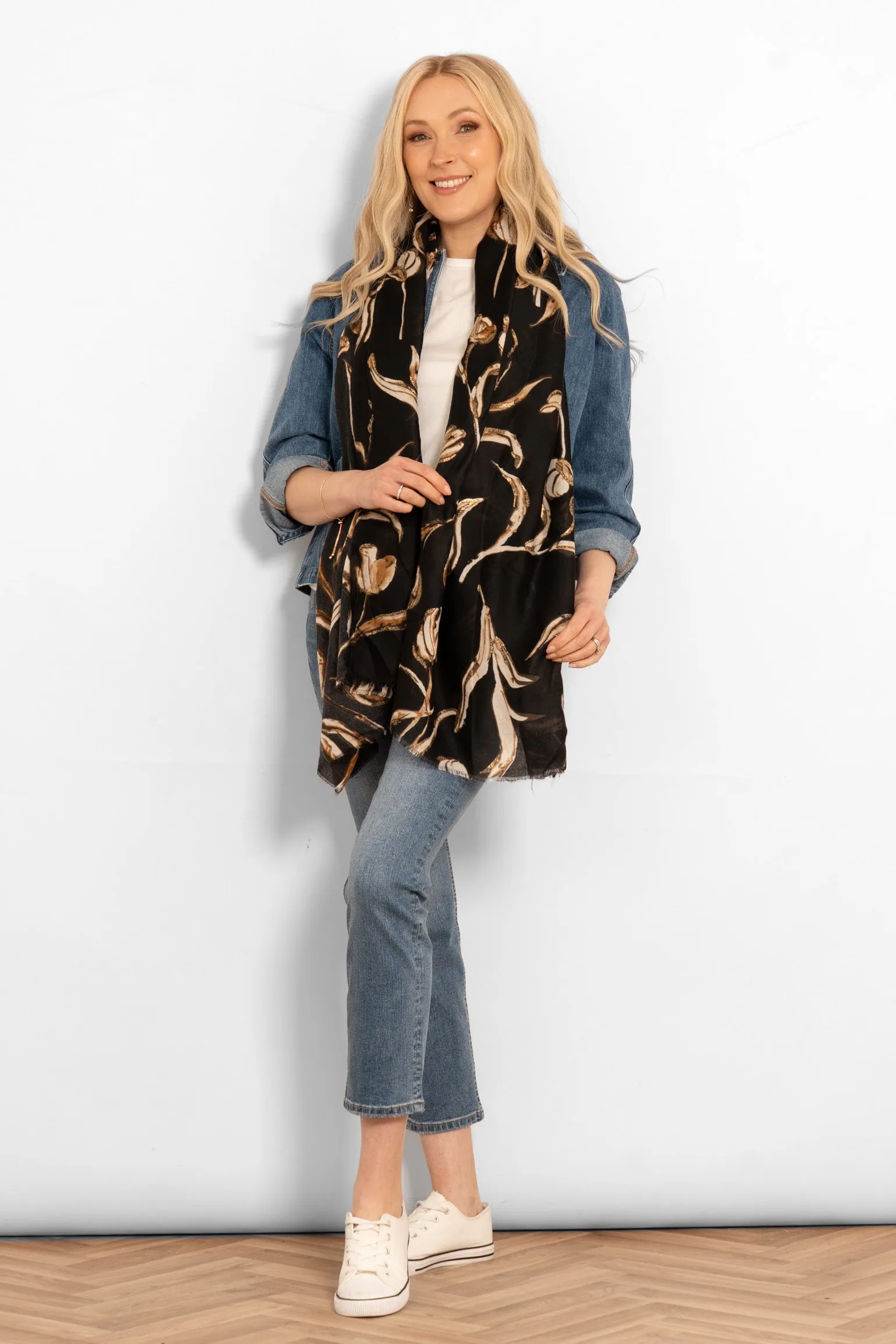 Ashley Lightweight Scarf - Black, Large Floral