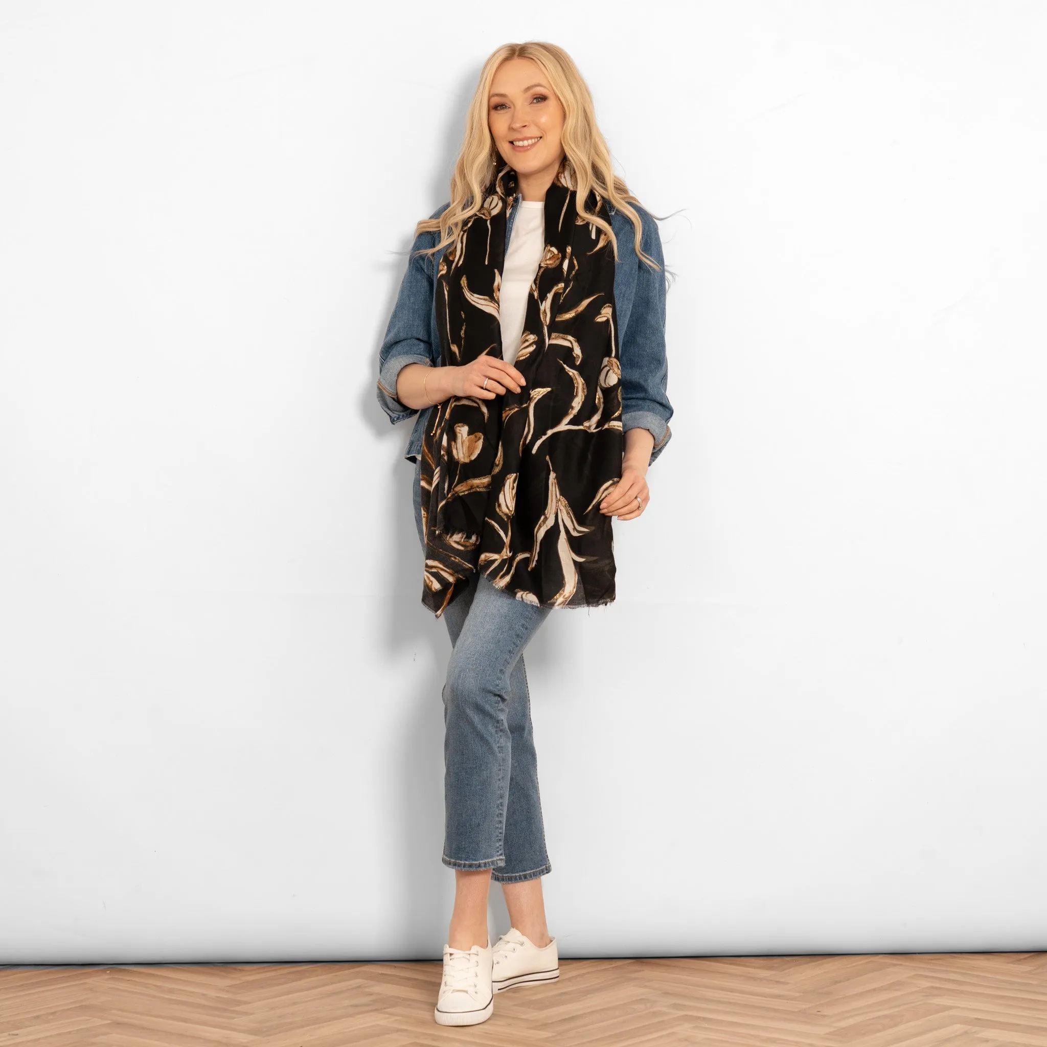 Ashley Lightweight Scarf - Black, Large Floral