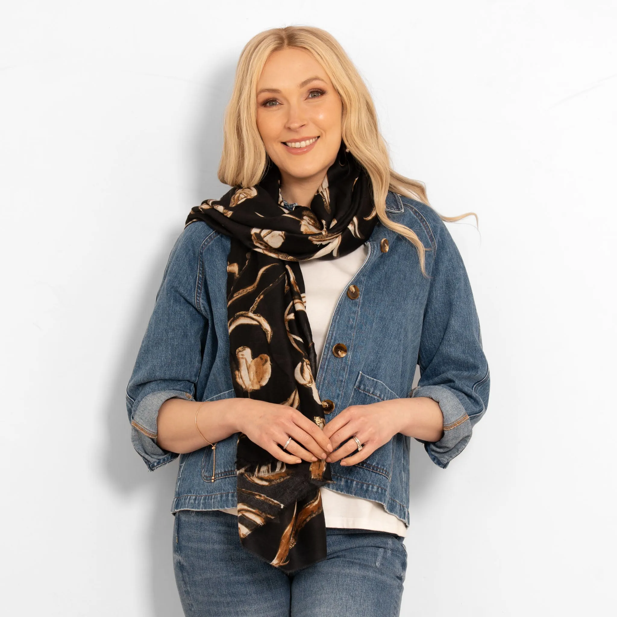 Ashley Lightweight Scarf - Black, Large Floral
