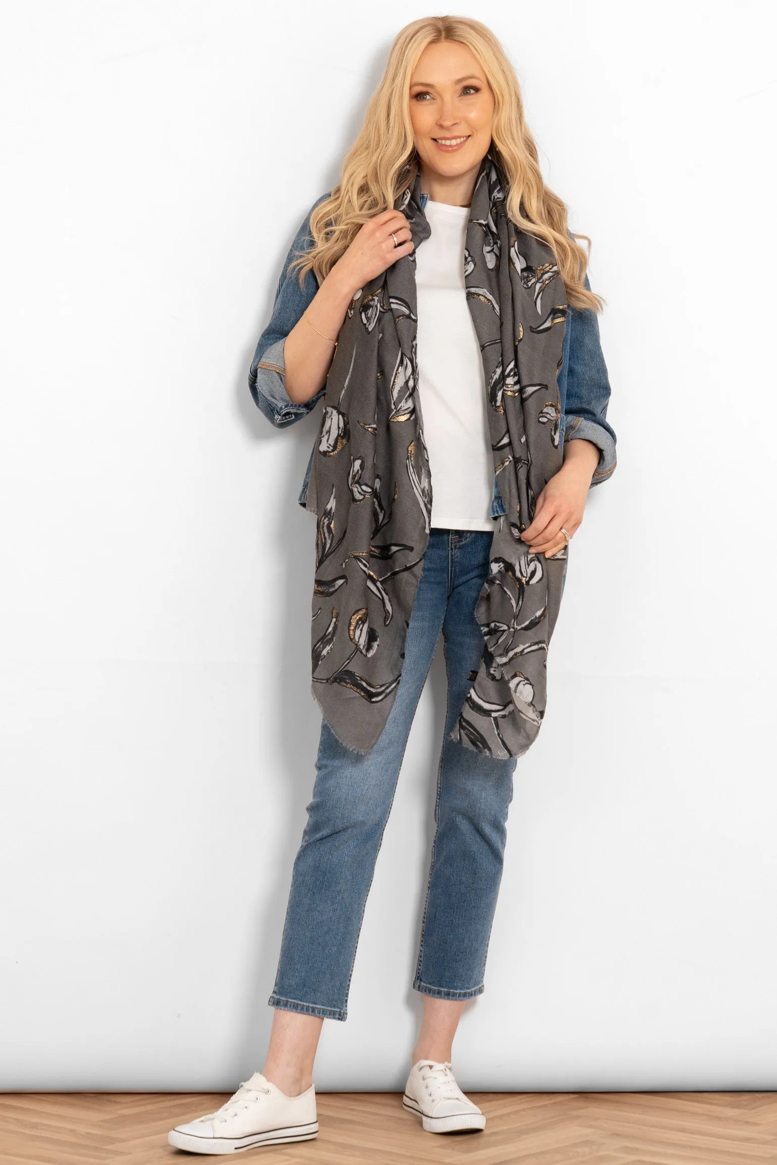 Ashley Lightweight Scarf - Grey, Large Floral