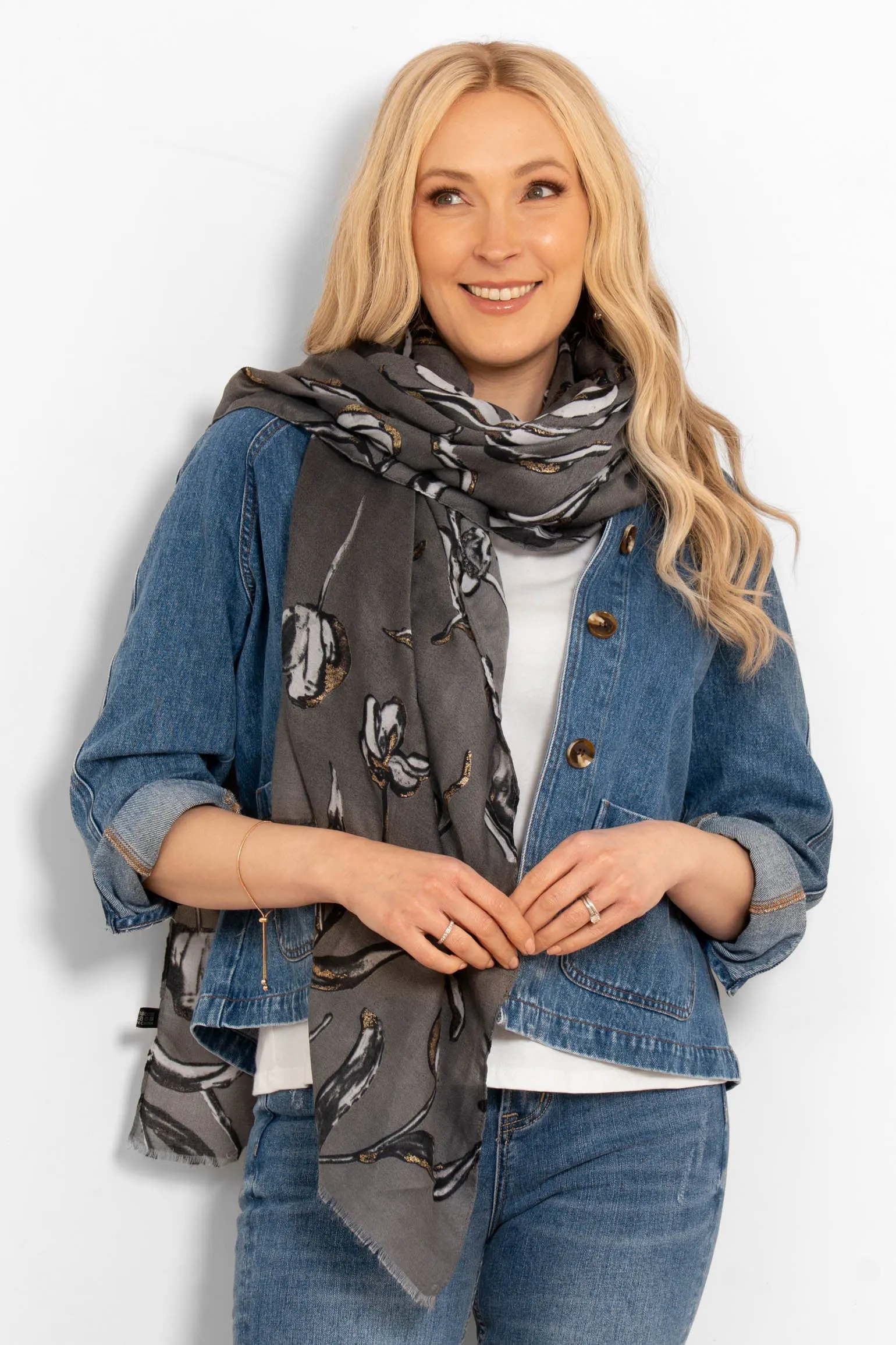 Ashley Lightweight Scarf - Grey, Large Floral