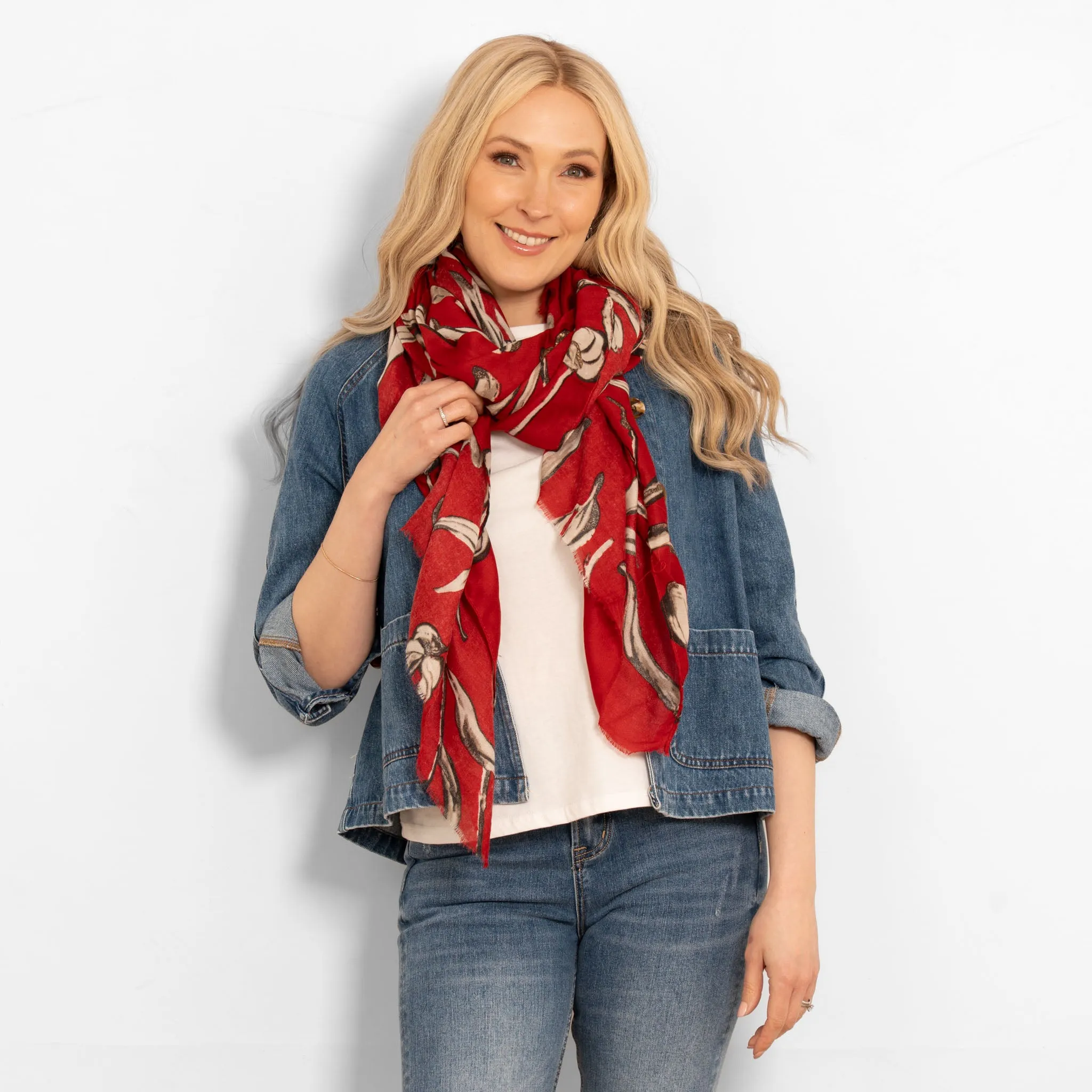 Ashley Lightweight Scarf - Red, Large Floral