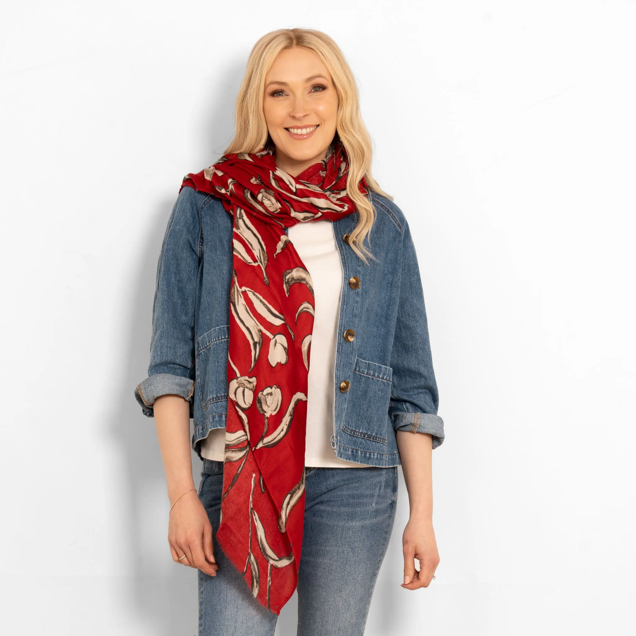 Ashley Lightweight Scarf - Red, Large Floral