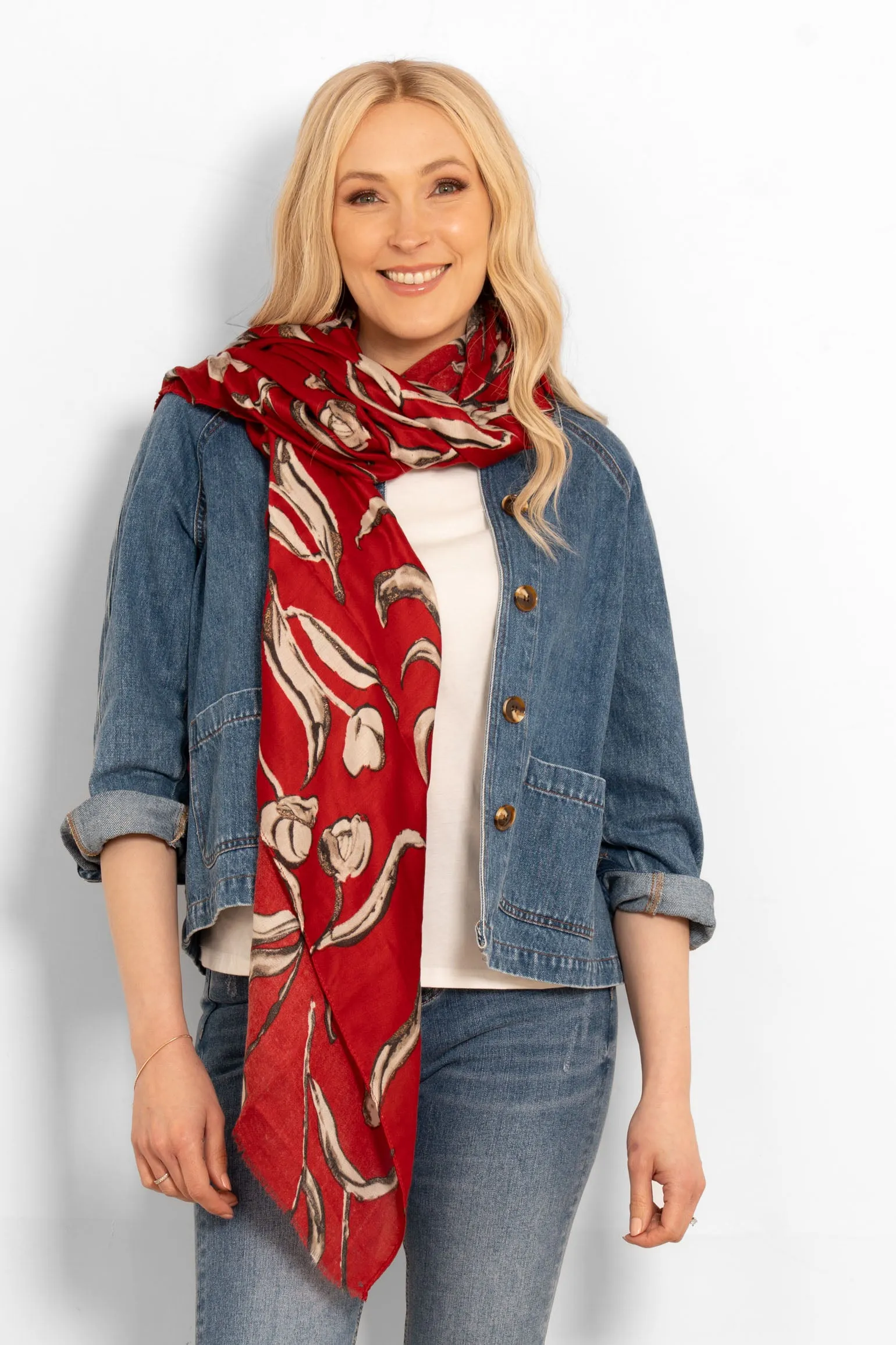Ashley Lightweight Scarf - Red, Large Floral