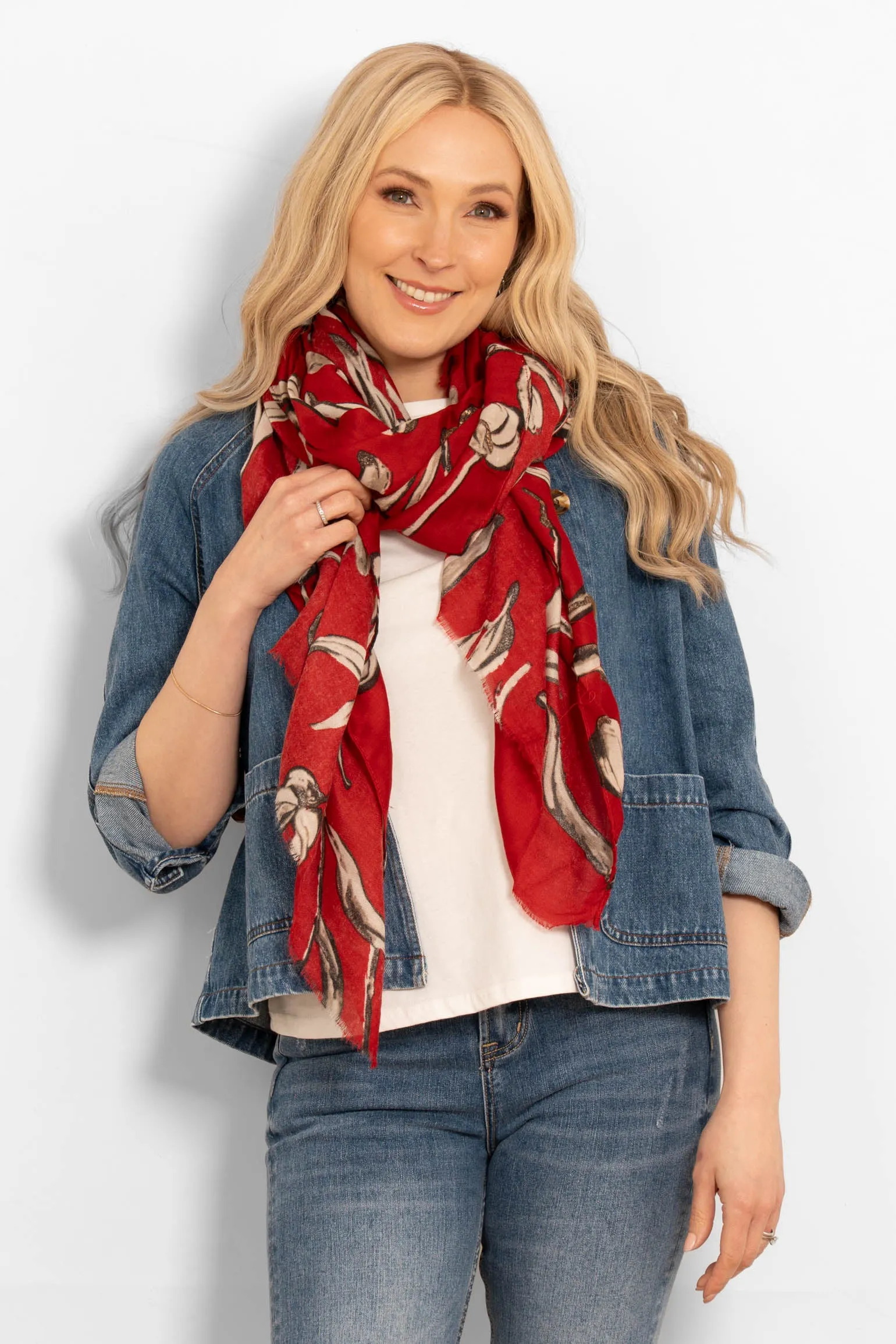 Ashley Lightweight Scarf - Red, Large Floral