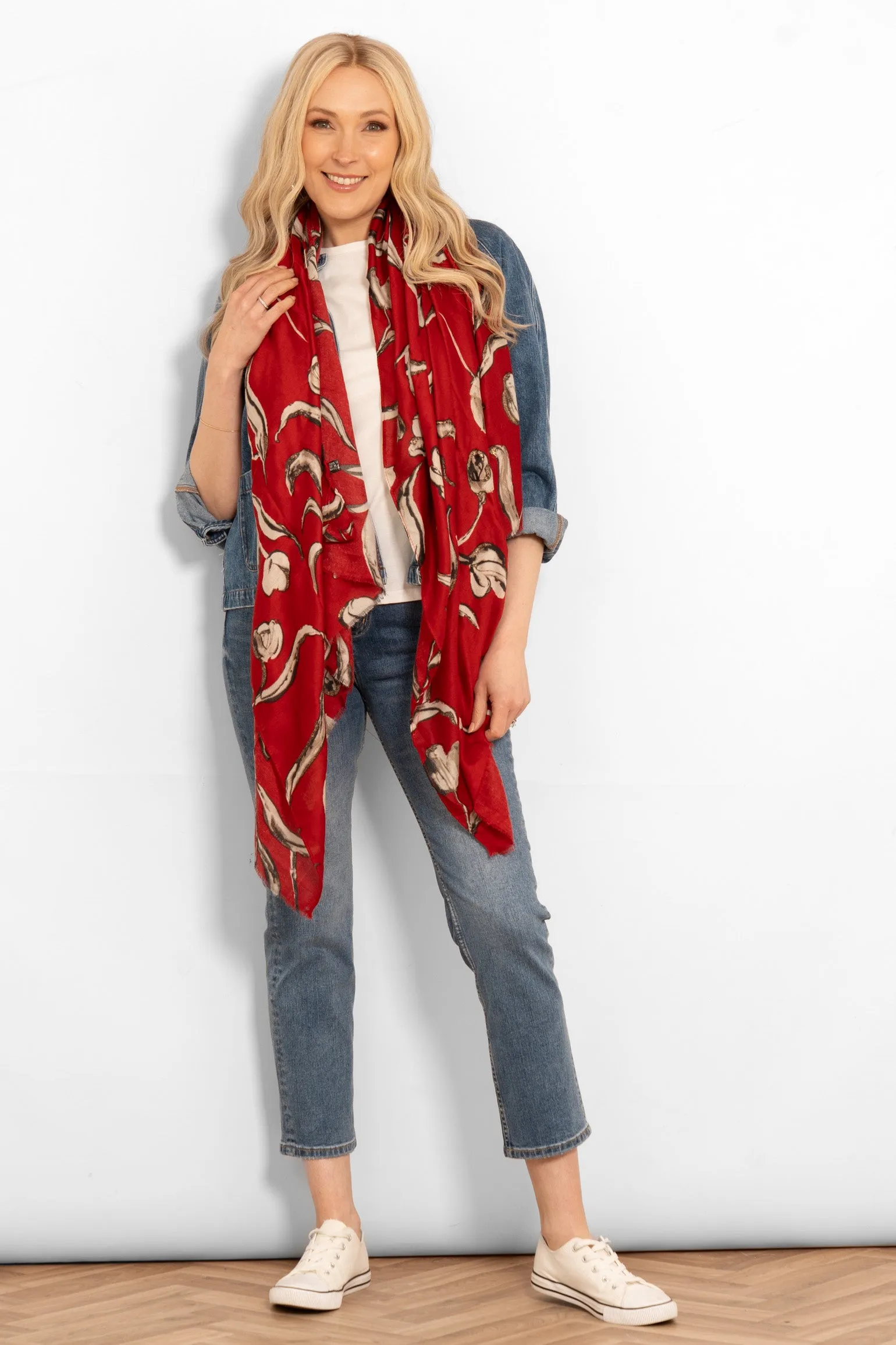 Ashley Lightweight Scarf - Red, Large Floral