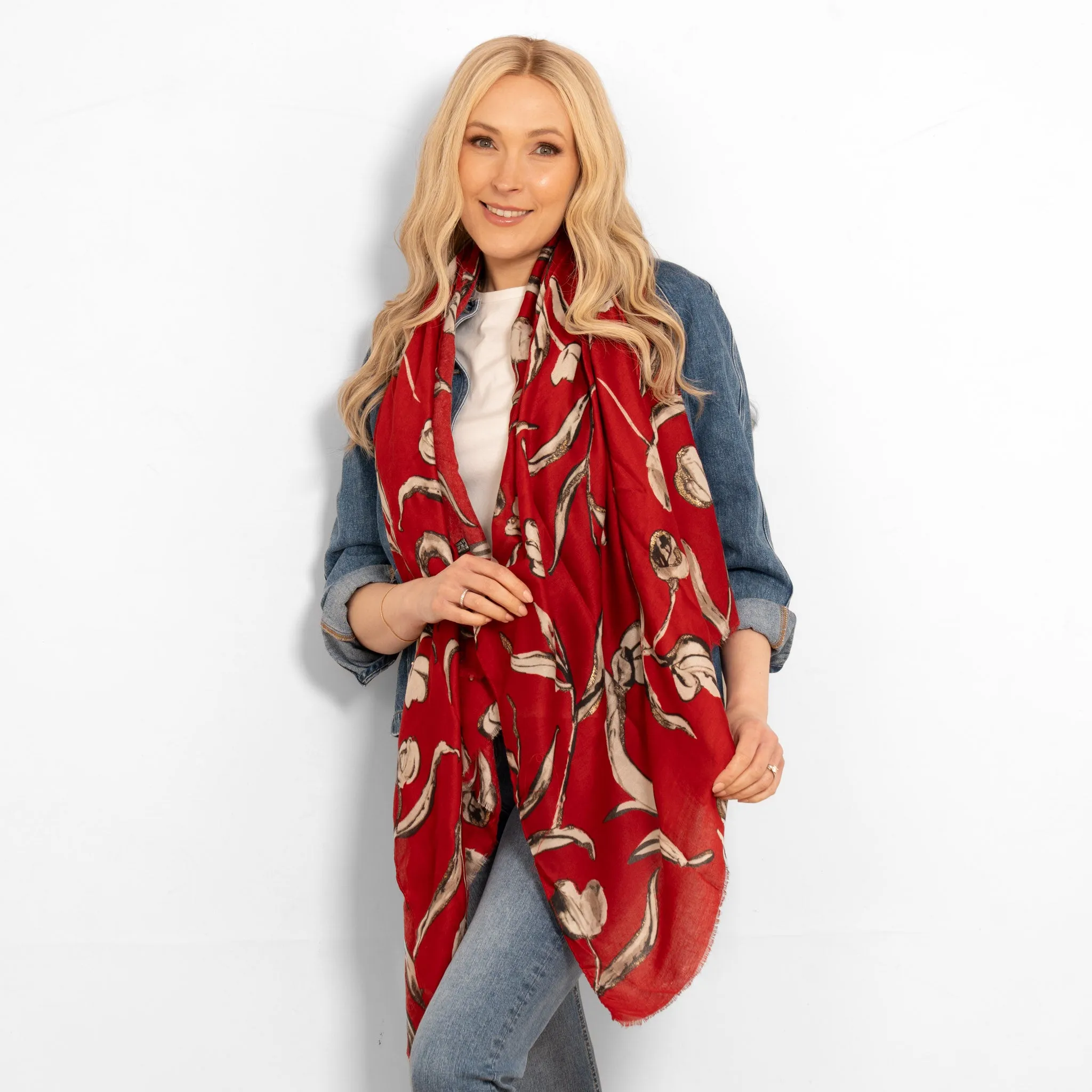 Ashley Lightweight Scarf - Red, Large Floral