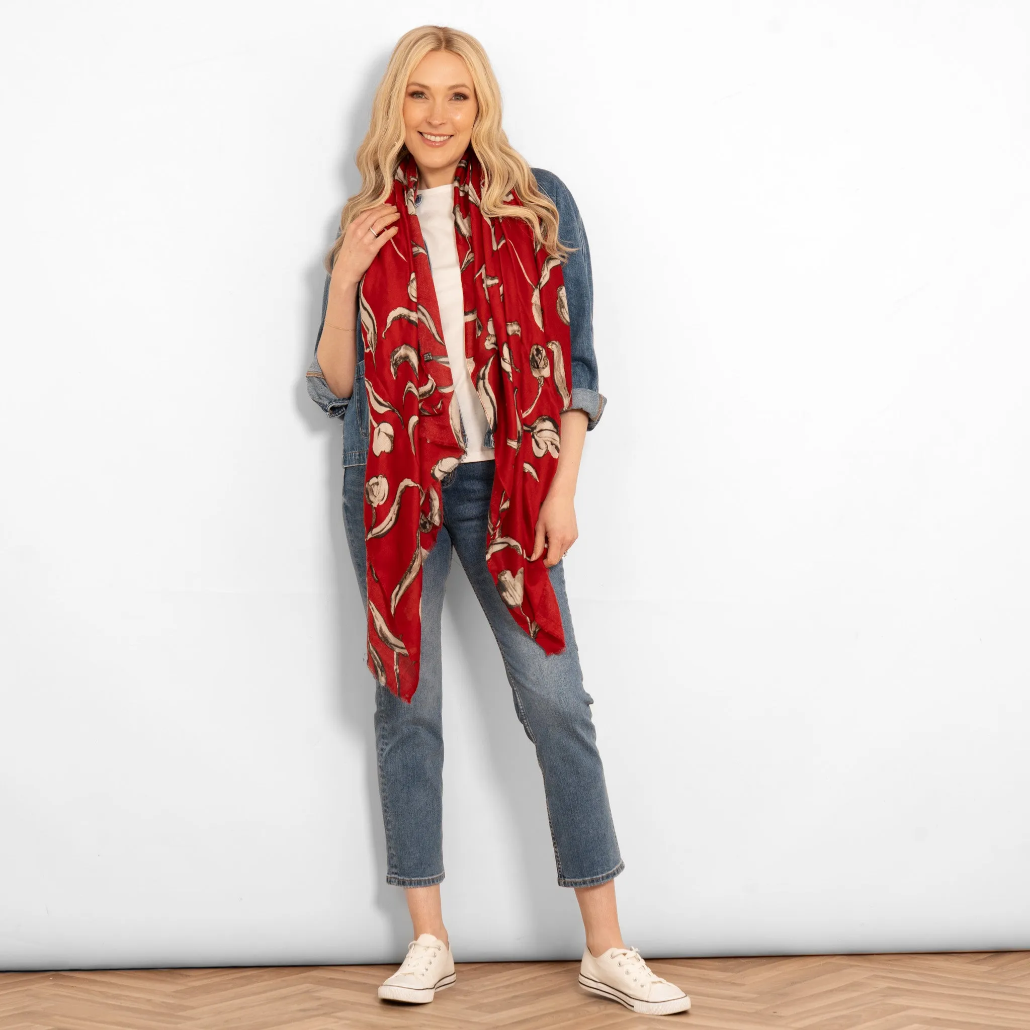 Ashley Lightweight Scarf - Red, Large Floral