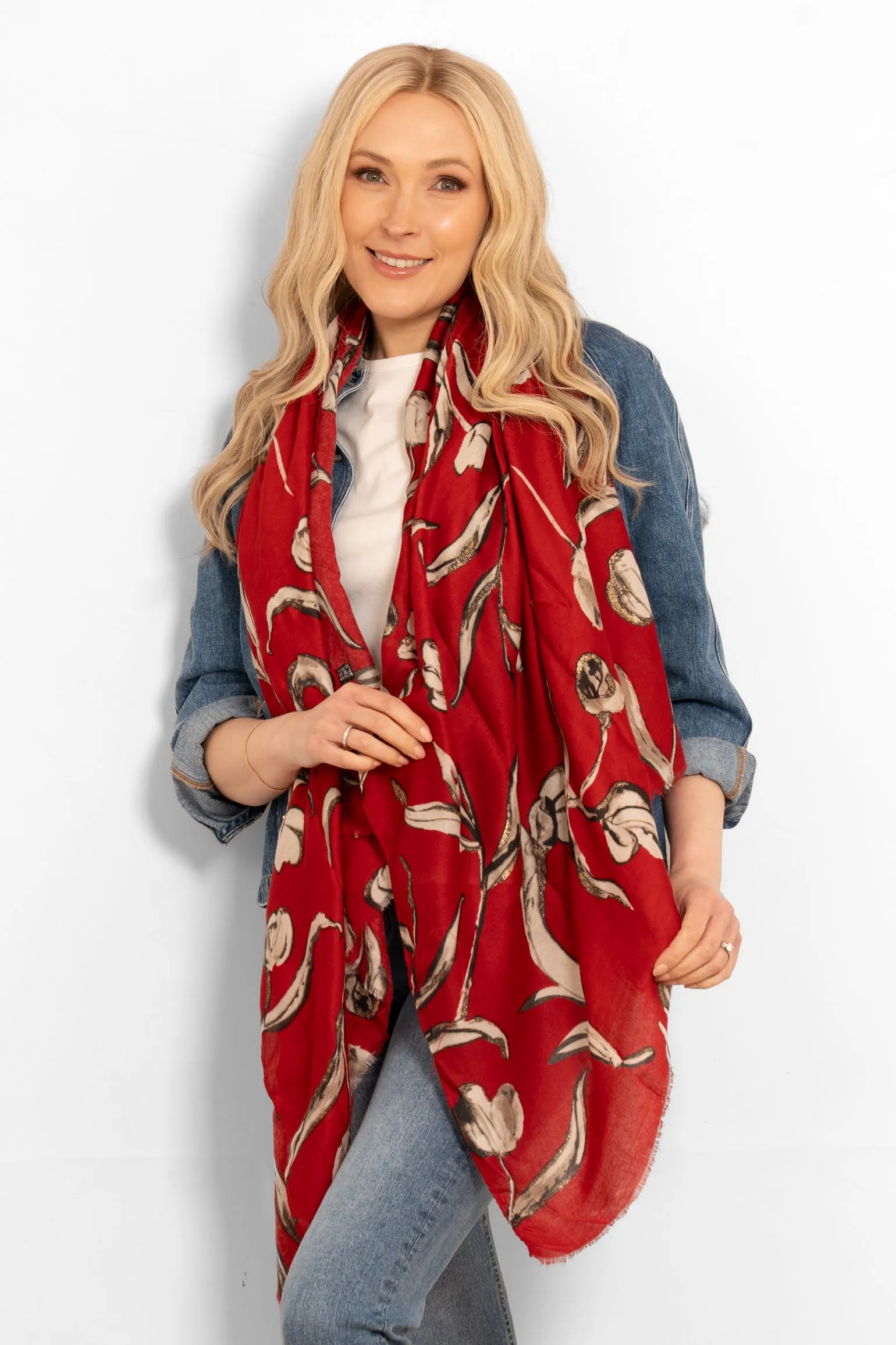 Ashley Lightweight Scarf - Red, Large Floral