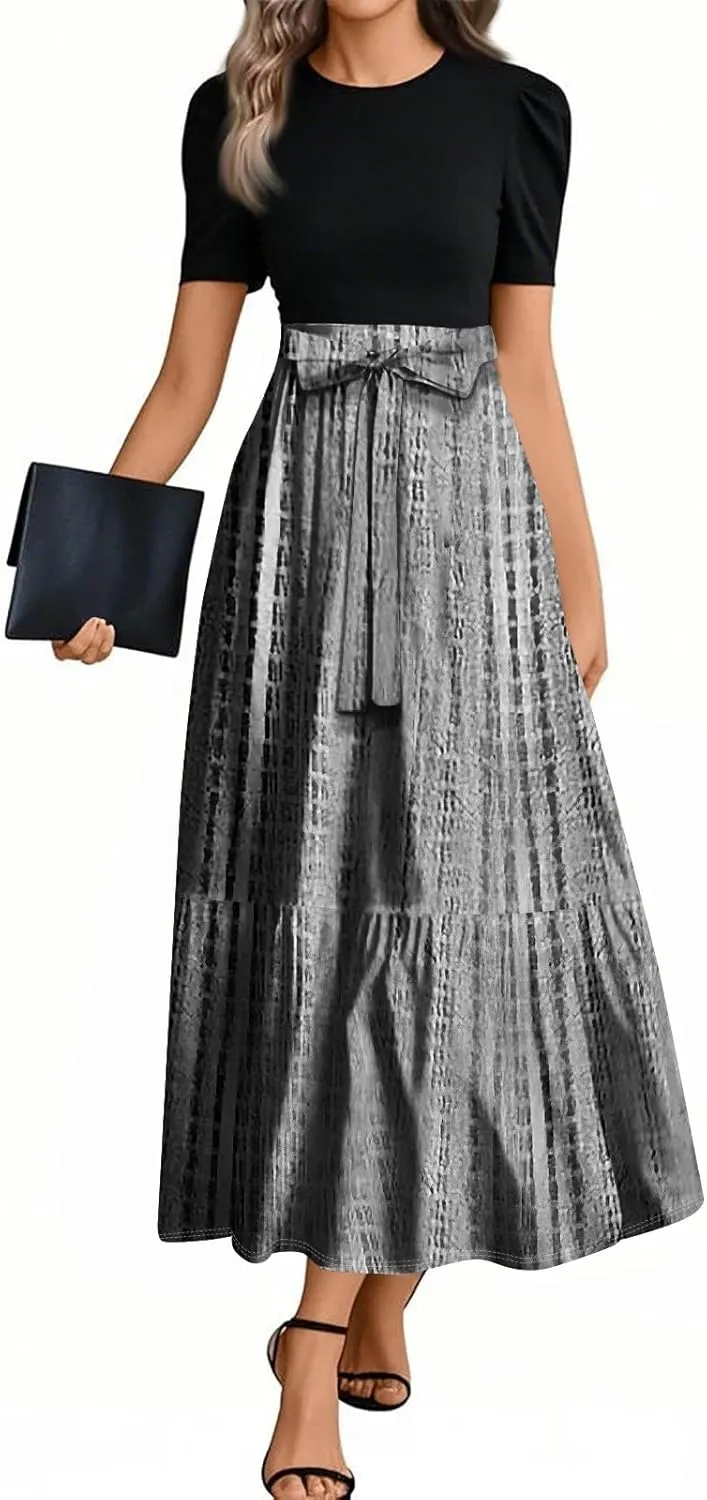 Beach Boho Womens Dresses, 2025 Geometric Print Maxi Women's Jumpsuits Elegant Bow Crew Neck Womens Romper
