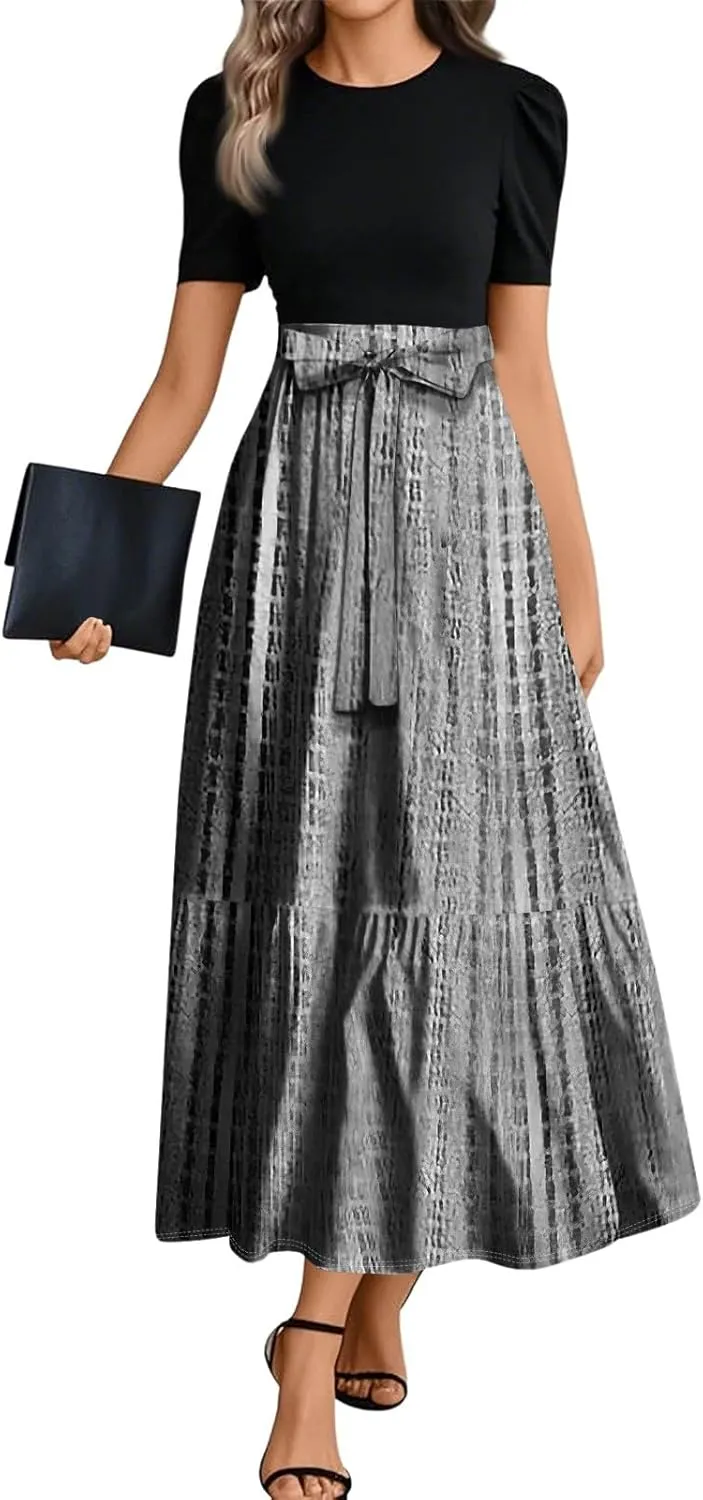 Beach Boho Womens Dresses, 2025 Geometric Print Maxi Women's Jumpsuits Elegant Bow Crew Neck Womens Romper