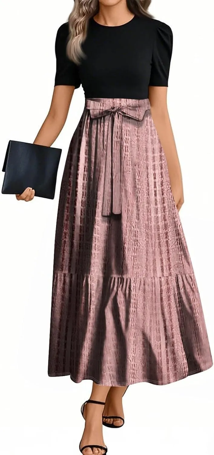 Beach Boho Womens Dresses, 2025 Geometric Print Maxi Women's Jumpsuits Elegant Bow Crew Neck Womens Romper