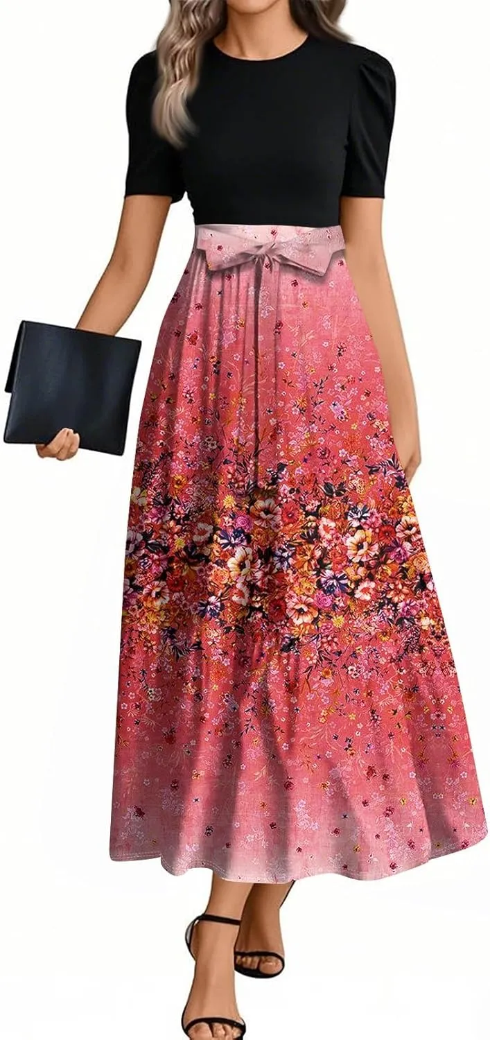 Boho Bow Tie Womens Dresses, Beach 2025 Flower Print Women's Jumpsuits Maxi Trendy High Waisted Womens Romper