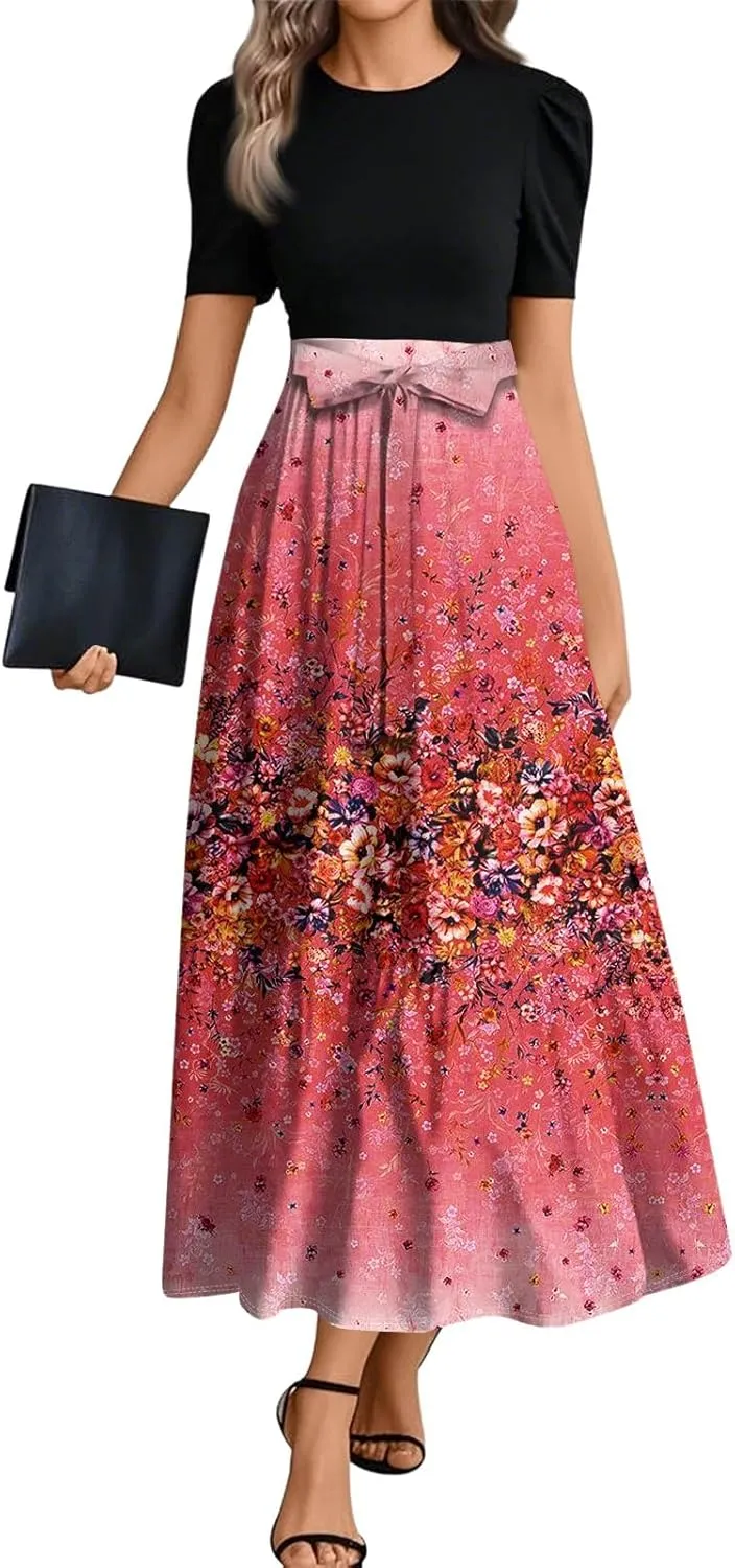 Boho Bow Tie Womens Dresses, Beach 2025 Flower Print Women's Jumpsuits Maxi Trendy High Waisted Womens Romper
