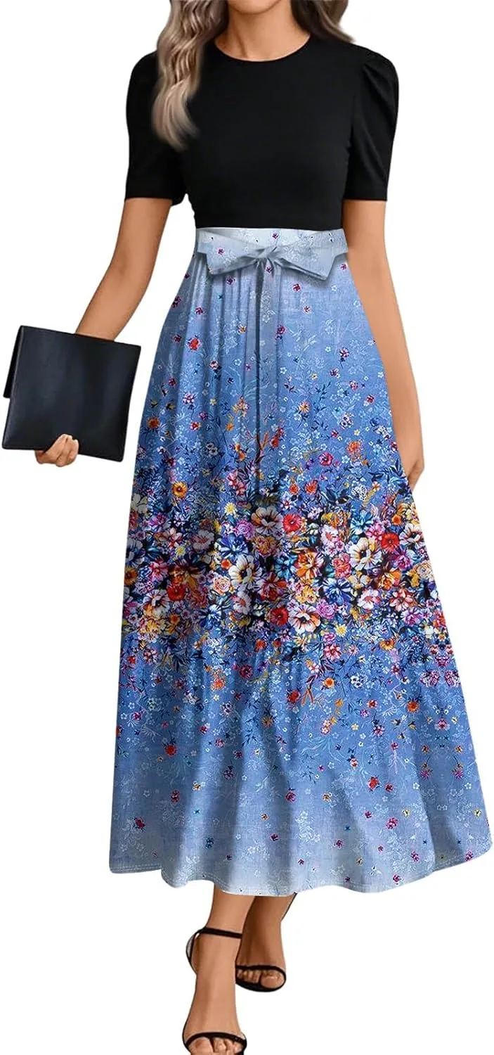 Boho Bow Tie Womens Dresses, Beach 2025 Flower Print Women's Jumpsuits Maxi Trendy High Waisted Womens Romper