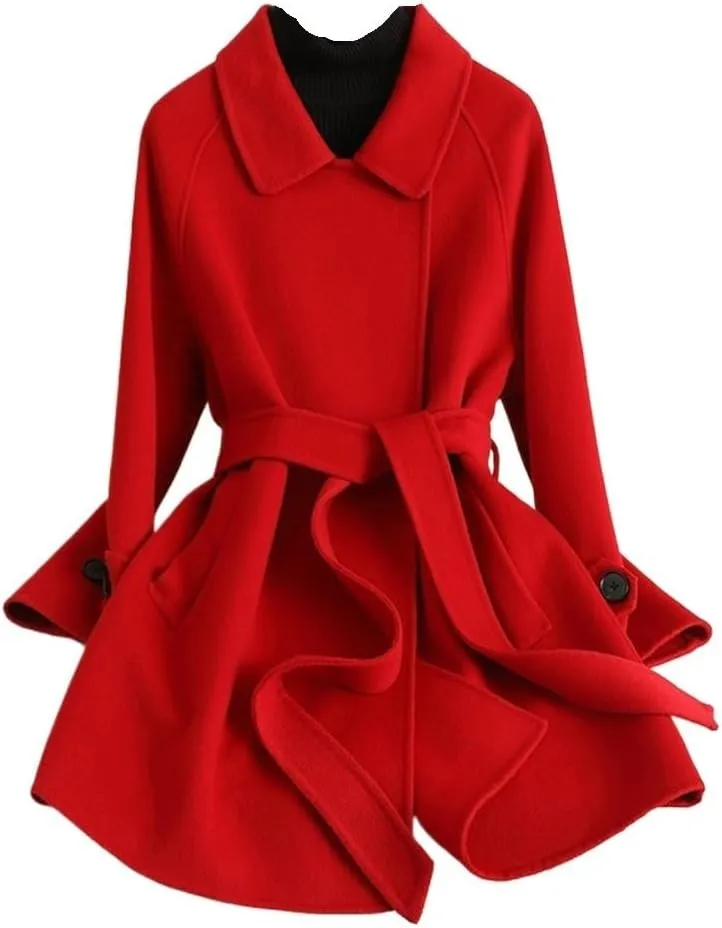 CSCDD Women's Wool Jacket OL Vintage Wool Blend Pea Trench Coat Elegant Red Jacket with Belts