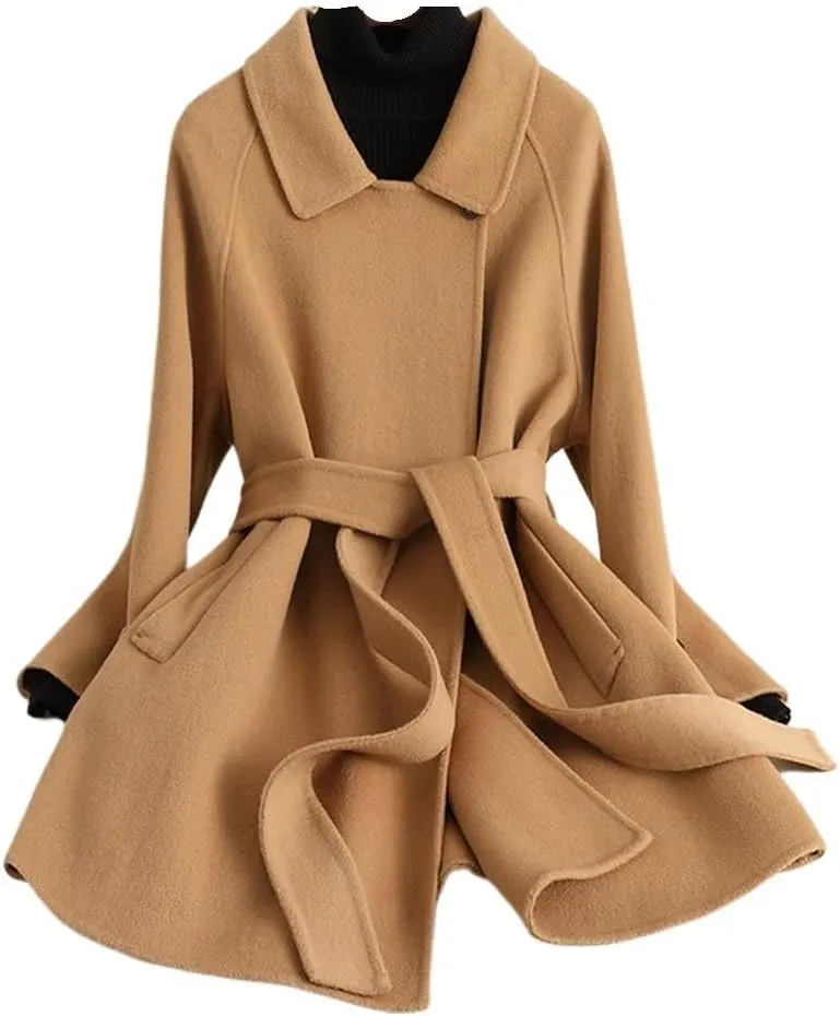 CSCDD Women's Wool Jacket OL Vintage Wool Blend Pea Trench Coat Elegant Yellow Jacket with Belts
