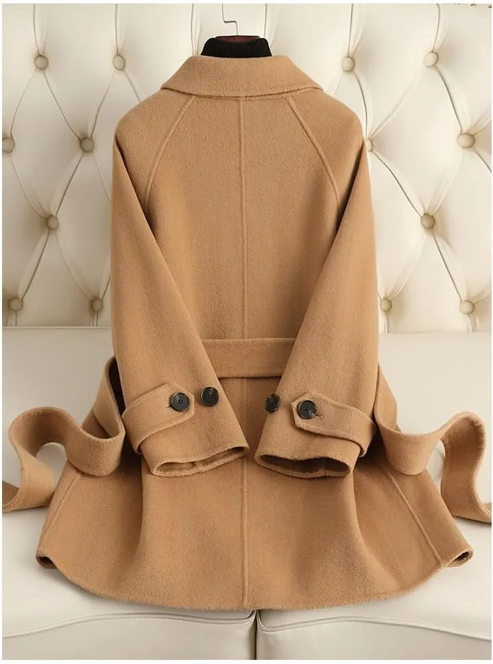 CSCDD Women's Wool Jacket OL Vintage Wool Blend Pea Trench Coat Elegant Yellow Jacket with Belts