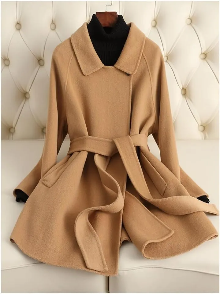 CSCDD Women's Wool Jacket OL Vintage Wool Blend Pea Trench Coat Elegant Yellow Jacket with Belts
