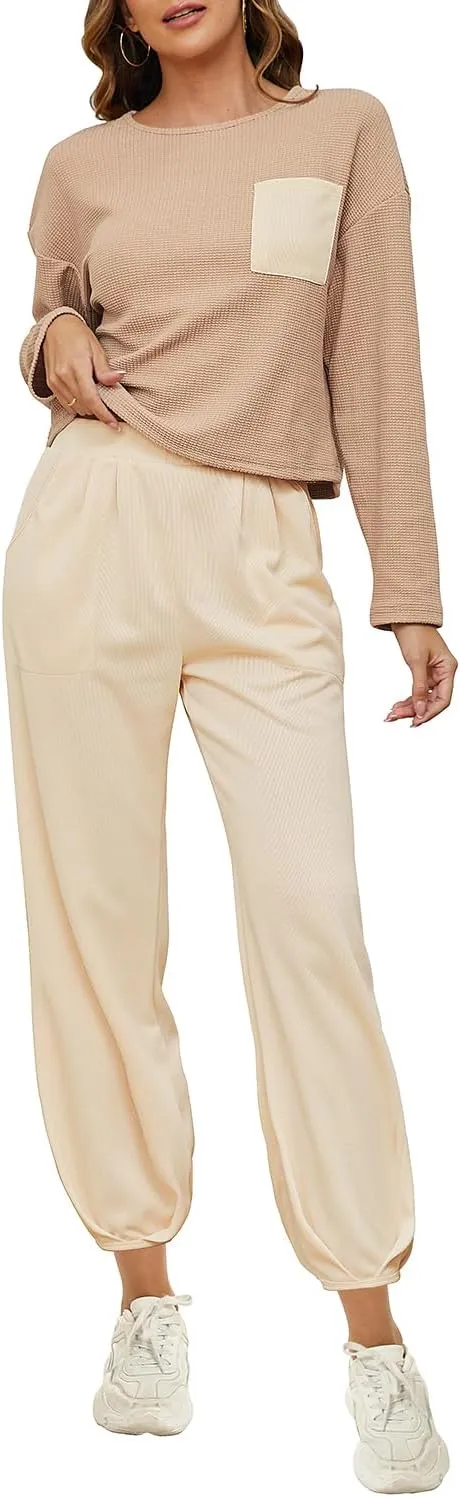 FANCYINN 2 Piece Sweatsuit Set Cropped Sweatshirt Pullover Tops High Waisted Pants Tracksuit Pockets Sweatsuit Sets
