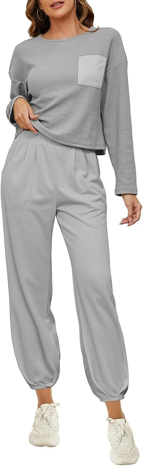FANCYINN 2 Piece Sweatsuit Set Cropped Sweatshirt Pullover Tops High Waisted Pants Tracksuit Pockets Sweatsuit Sets