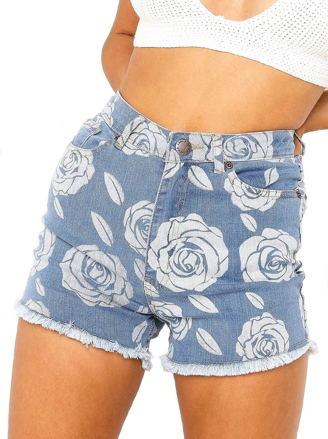 Fashion Oasis Women's in Denim High Waisted Gym Summer Pocket Jersey Shorts (2, Flowery)