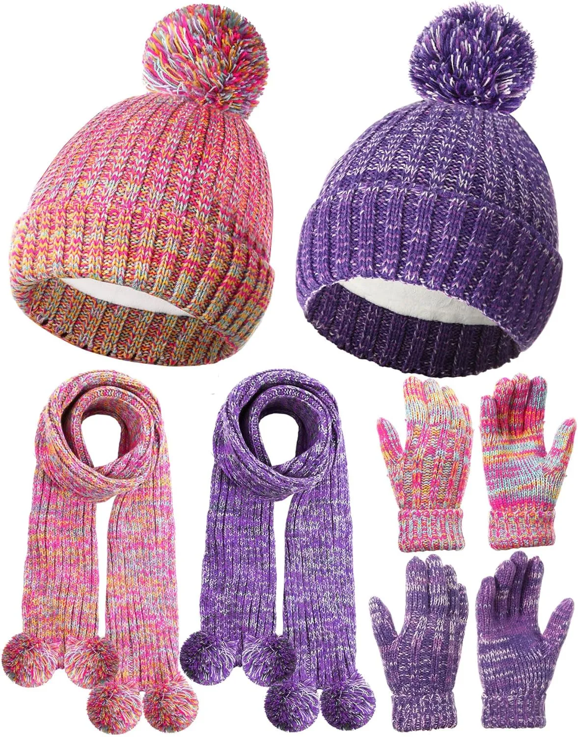 Geyoga 6 Pcs Kids Winter Hat Gloves Scarf Set for 2-8 Years Girls Boys Winter Toddler Knit Pompom Soft Beanie with Warm Fleece Lined Hat Gloves Scarf Set