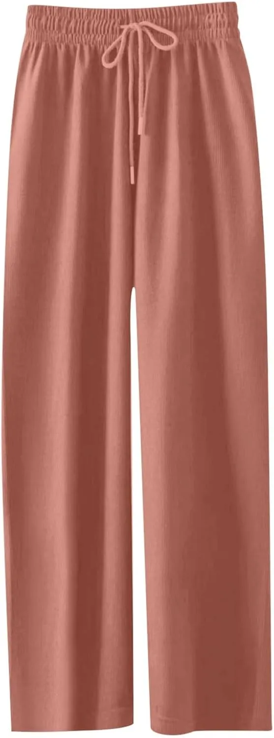 Girl's Elegant Flowy Dress Pants Front Pleated High Waisted Casual Wide Leg Loose Palazzo Trousers with Pockets