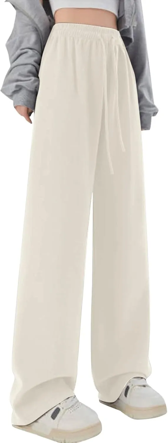 Girl's Elegant Flowy Dress Pants Front Pleated High Waisted Casual Wide Leg Loose Palazzo Trousers with Pockets