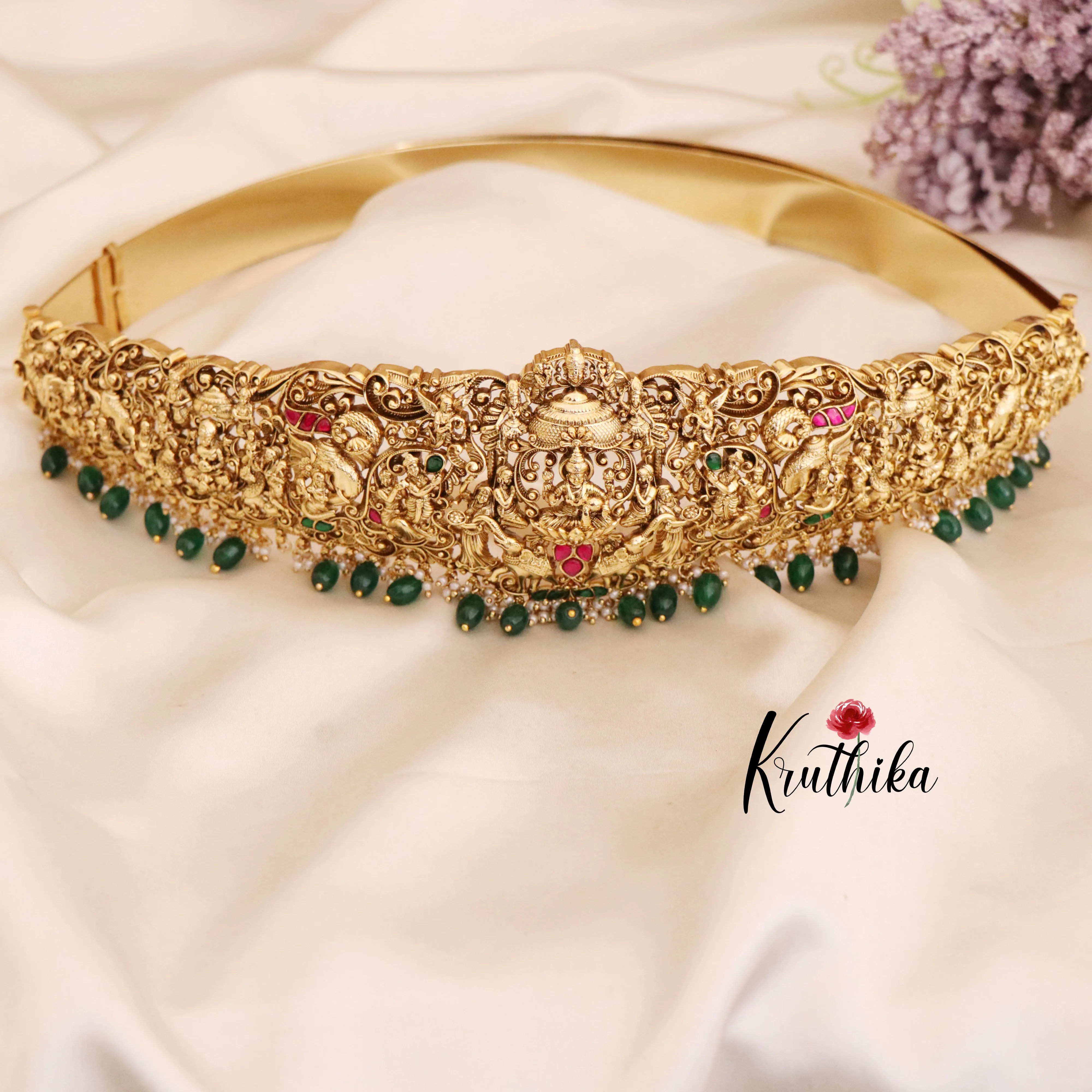 Grand Lakshmi green beads hip belt V164
