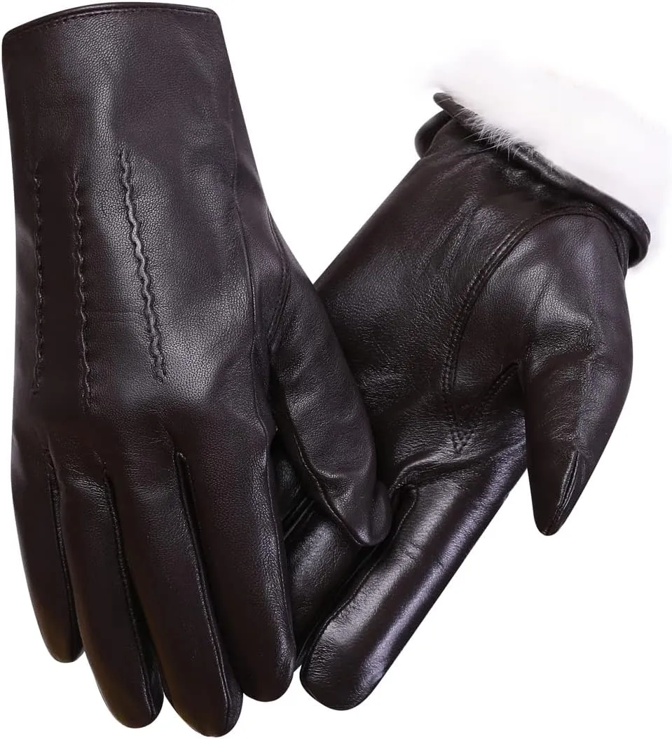Harssidanzar Leather Gloves for Men,Winter Rabbit Fur Lined Soft Genuine Leather Gloves KM047US