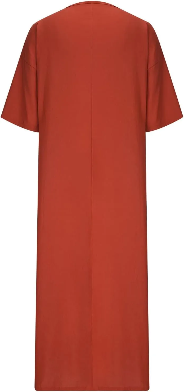 HGps8w Women's Cotton Linen Maxi Dresses Summer V Neck Casual 3/4 Sleeve Loose Solid Color Minimalist Beach Coverup Dress