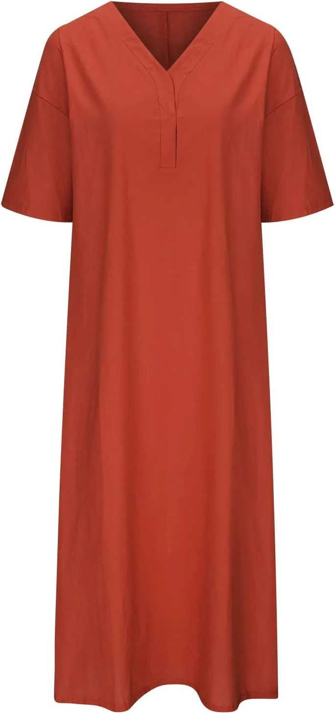 HGps8w Women's Cotton Linen Maxi Dresses Summer V Neck Casual 3/4 Sleeve Loose Solid Color Minimalist Beach Coverup Dress