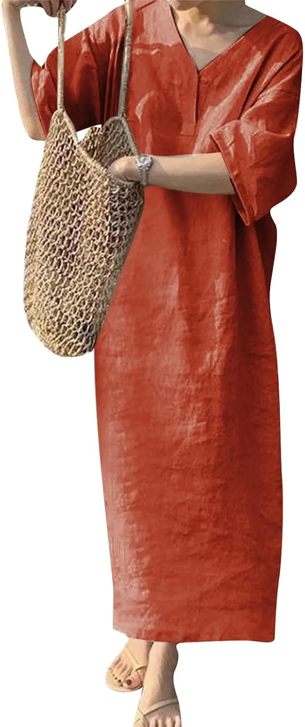 HGps8w Women's Cotton Linen Maxi Dresses Summer V Neck Casual 3/4 Sleeve Loose Solid Color Minimalist Beach Coverup Dress