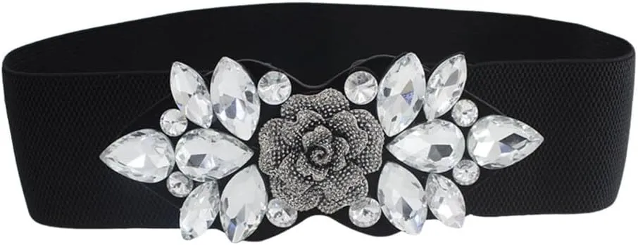Katutude Women's Stretchy Belt Sparkling Rhinestones Snap-Button Wide Elastic Belts Vintage Stretch Belts for Dresses