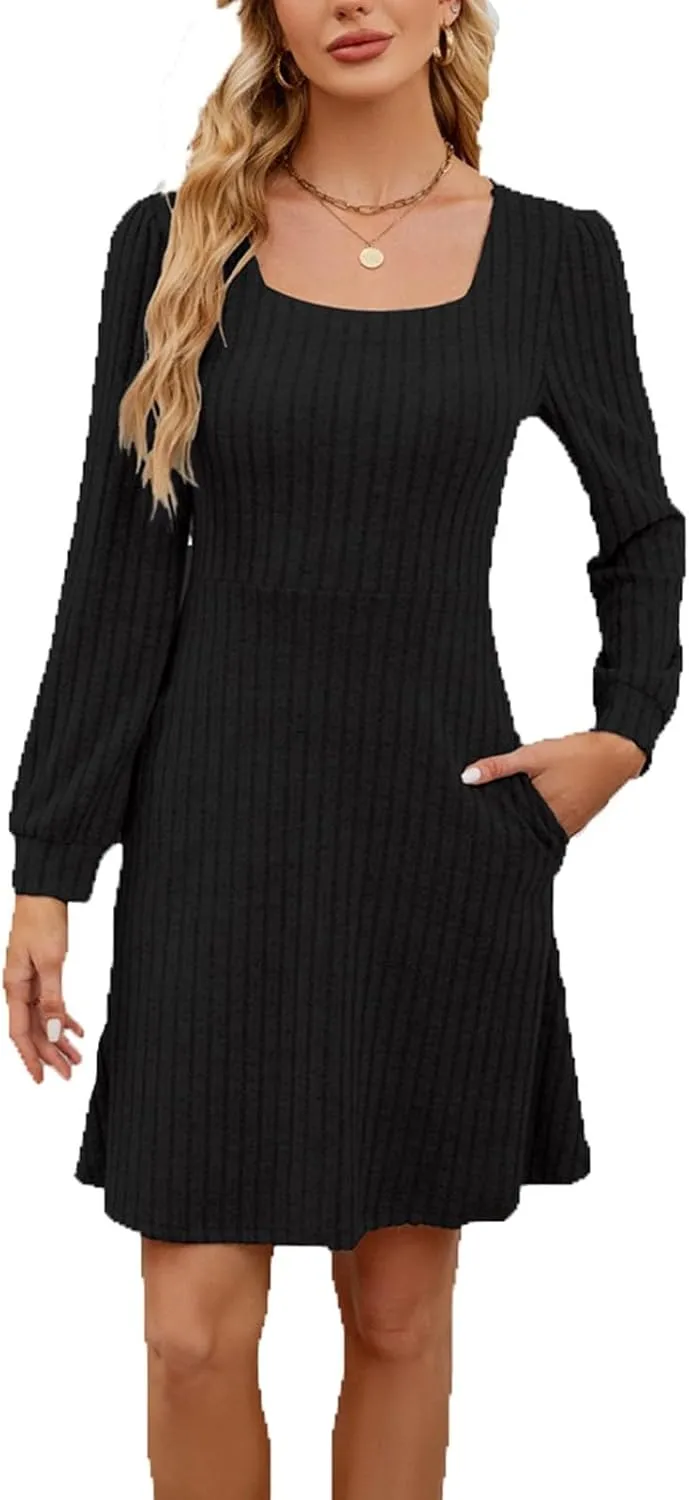 Ladies Casual Sweater Dresses Knit Long Sleeve Square Neck mini Dresses Comfy Slim fit Shift Dresses Fall Winter 2024
