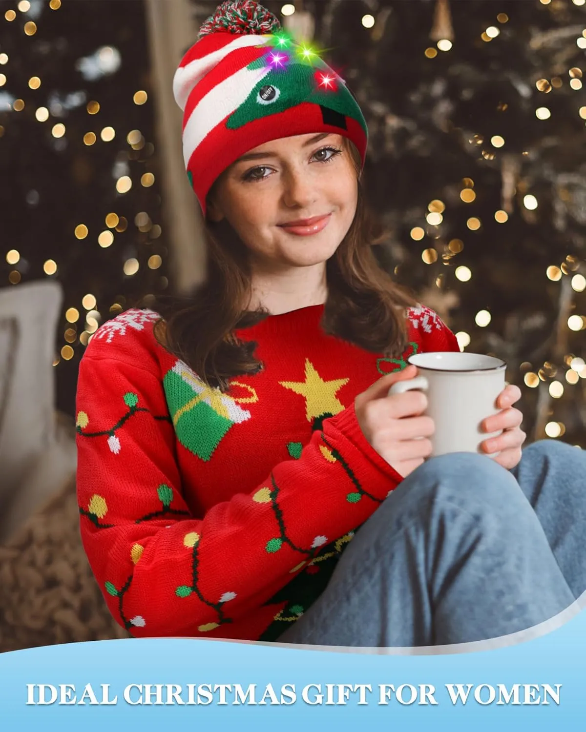 Liitrsh 3 Pack Christmas Tree Light up Ugly Sweaters for Women 2024 Knitted Xmas Tree Reindeer Hat Socks for Adults Holiday