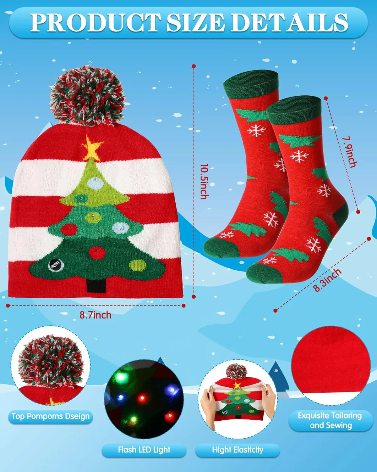 Liitrsh 3 Pack Christmas Tree Light up Ugly Sweaters for Women 2024 Knitted Xmas Tree Reindeer Hat Socks for Adults Holiday