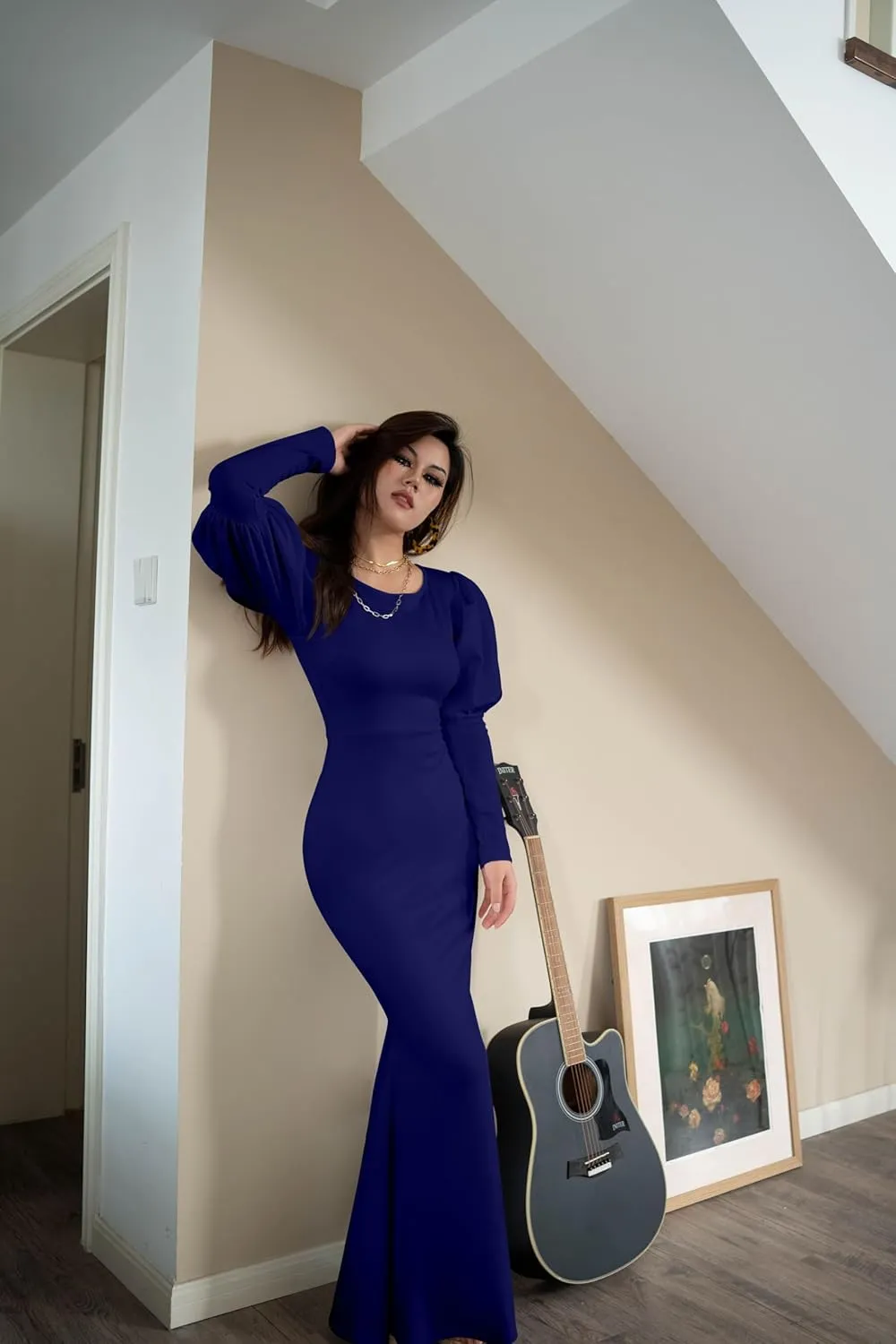 Memoriesea Women's Elegant Long Puff Sleeve Crew Neck Bodycon Mermaid Evening Gown Maxi Dress