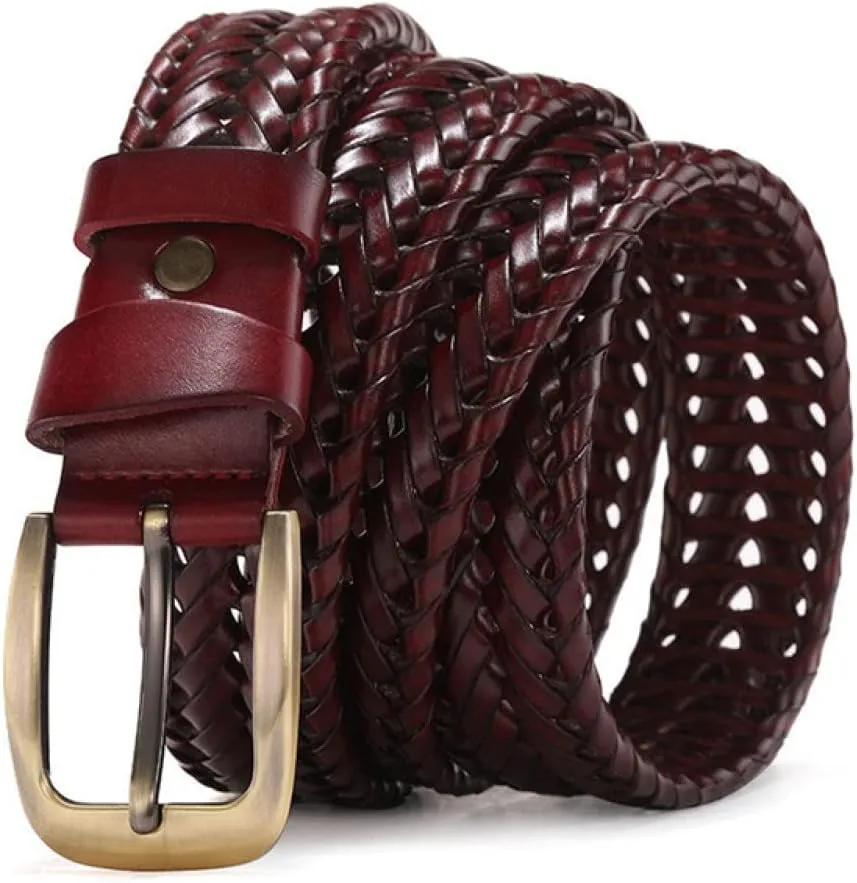 Men Genuine Leather Braided Belts Webbing Hand Vintage Belts for Men Gold Pin Buckle Casual for Jeans Strap