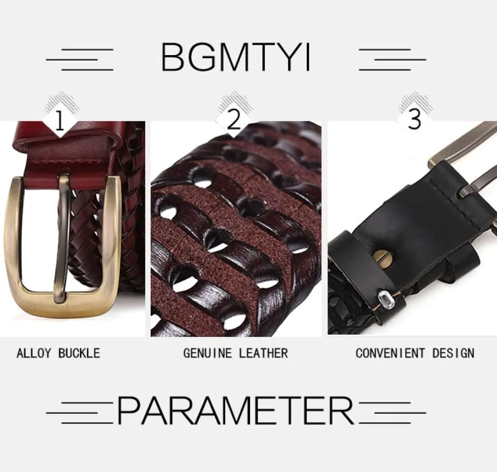 Men Genuine Leather Braided Belts Webbing Hand Vintage Belts for Men Gold Pin Buckle Casual for Jeans Strap